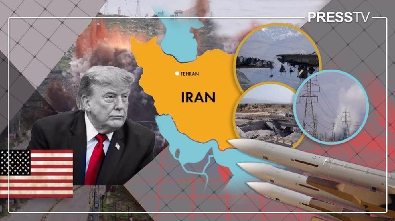 A graphic illustration features a man's portrait beside an orange map labeled "IRAN" with "TEHRAN" marked, surrounded by images of missiles, smoke, power lines, and facility wreckage, with a US flag and "PRESS TV" displayed.