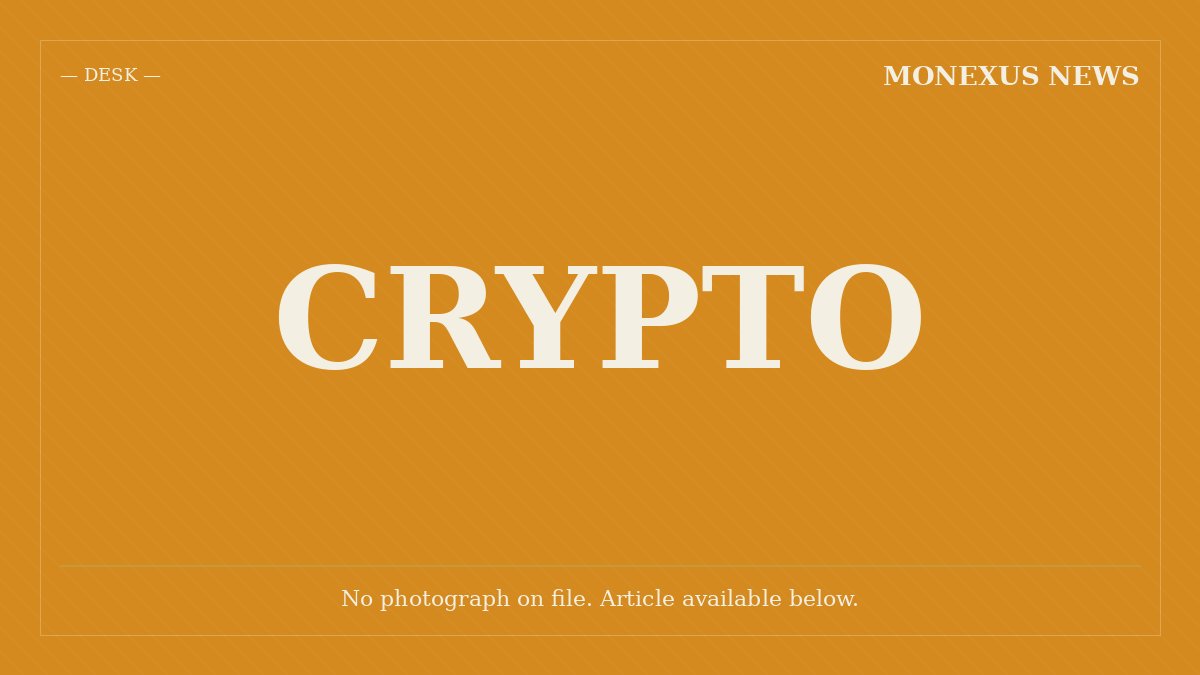 A graphic title card with an orange background displays the word "CRYPTO" in large cream-colored letters, labeled "DESK" and "MONEXUS NEWS."