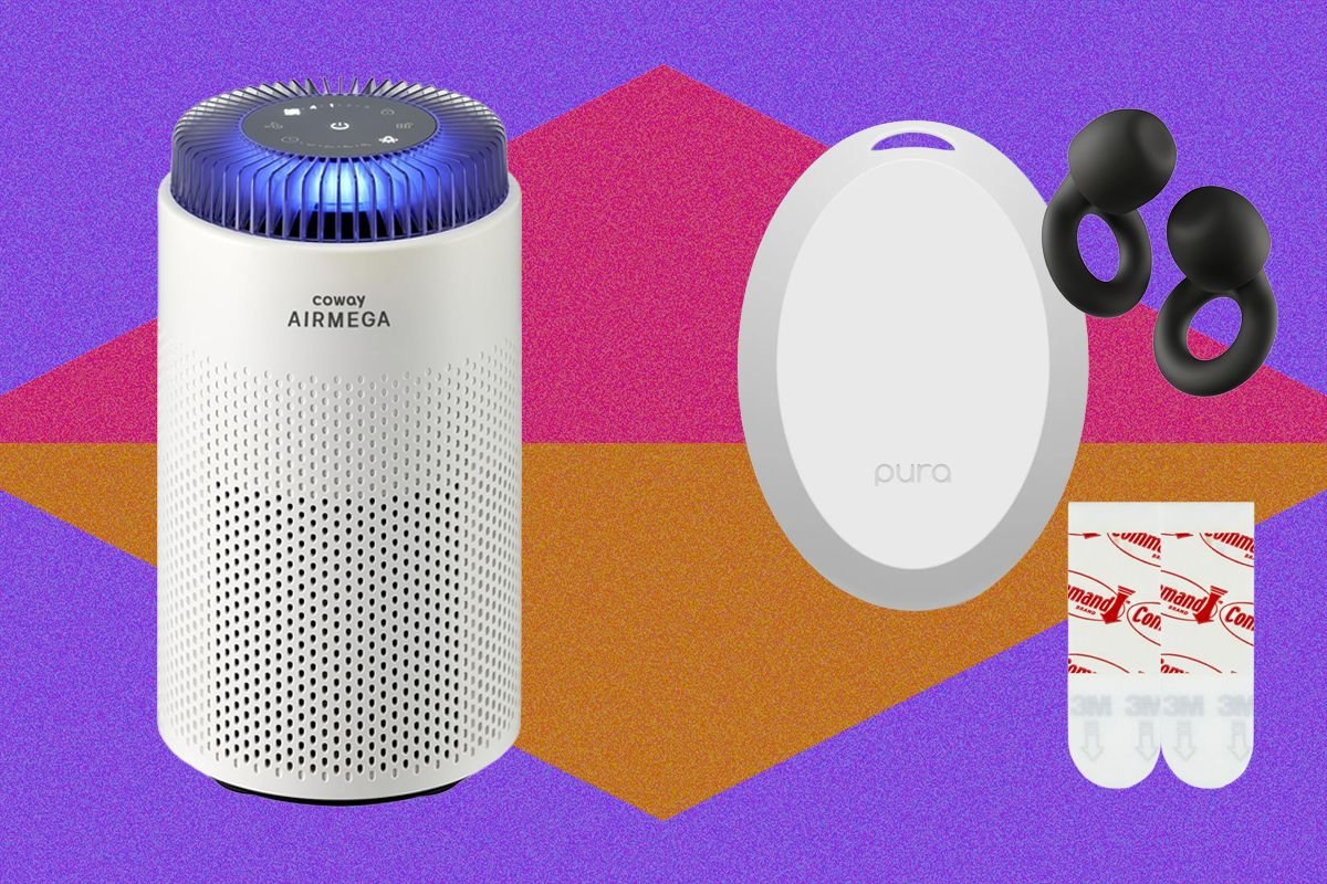 A graphic illustration displays a white Coway Airmega air purifier, a white oval Pura device, black earbuds, and Command adhesive strips against a purple, pink, and orange geometric background.