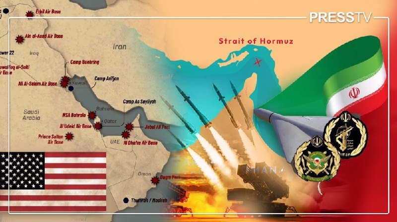 A graphic illustration shows a map of the Persian Gulf region with labeled U.S. military bases and Iranian missiles launching, alongside American and Iranian flags and military emblems.