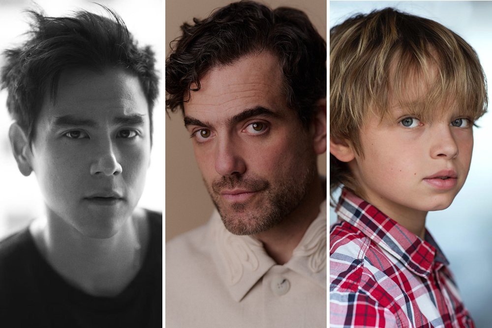 A triptych of portrait headshots shows three males — a dark-haired man in black, a curly-haired man in a beige shirt, and a blond boy in a plaid shirt.
