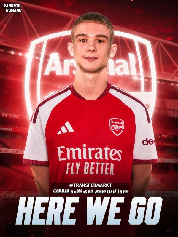 A graphic shows a young man in a red and white Arsenal jersey against a red stadium backdrop with the Arsenal logo, labeled "FABRIZIO ROMANO" and "HERE WE GO."