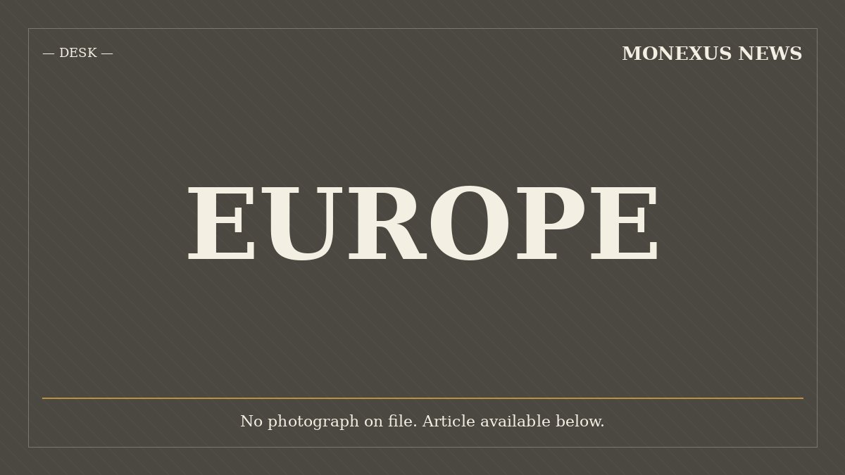A black placeholder graphic displays the word "EUROPE" in large white letters, labeled "MONEXUS NEWS — DESK" with a note reading "No photograph on file. Article available below."
