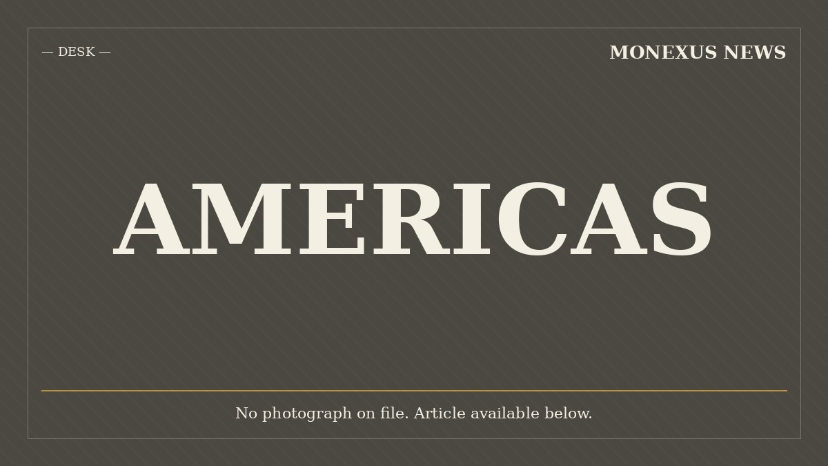 A dark graphic displays the text "MONEXUS NEWS," "DESK," and "AMERICAS," with the notice "No photograph on file. Article available below."