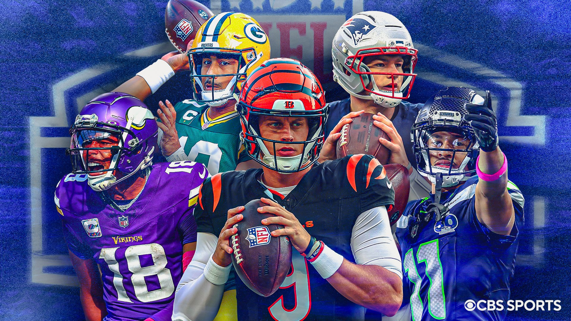 Graphic illustration showing five NFL quarterbacks in uniform posing with footballs against a blue NFL logo backdrop, featuring a CBS Sports watermark.
