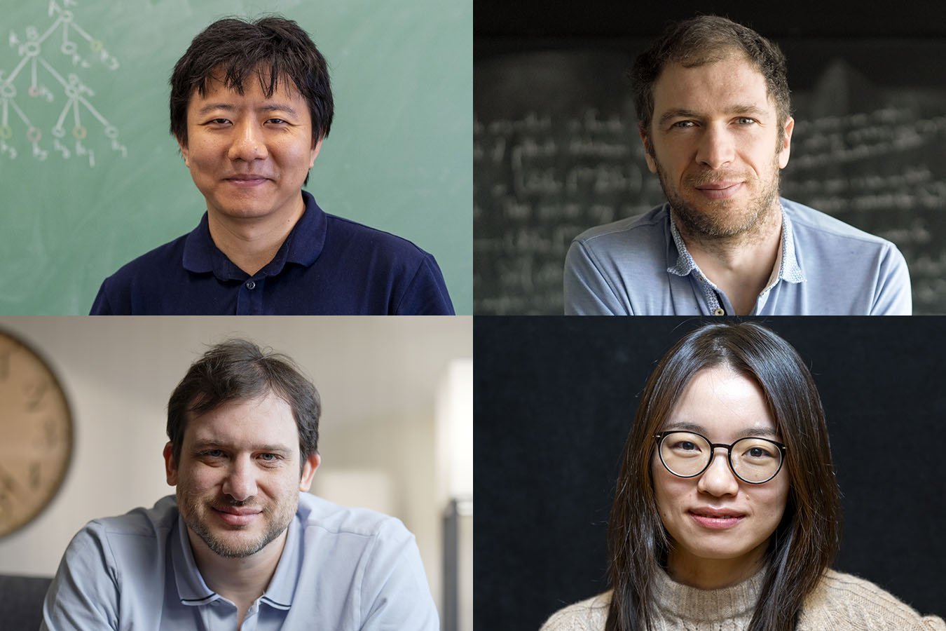 A composite image displaying four individual portrait photographs arranged in a grid, each featuring a different person posed against a distinct background including a chalkboard, a dark chalkboard, and plain walls.
