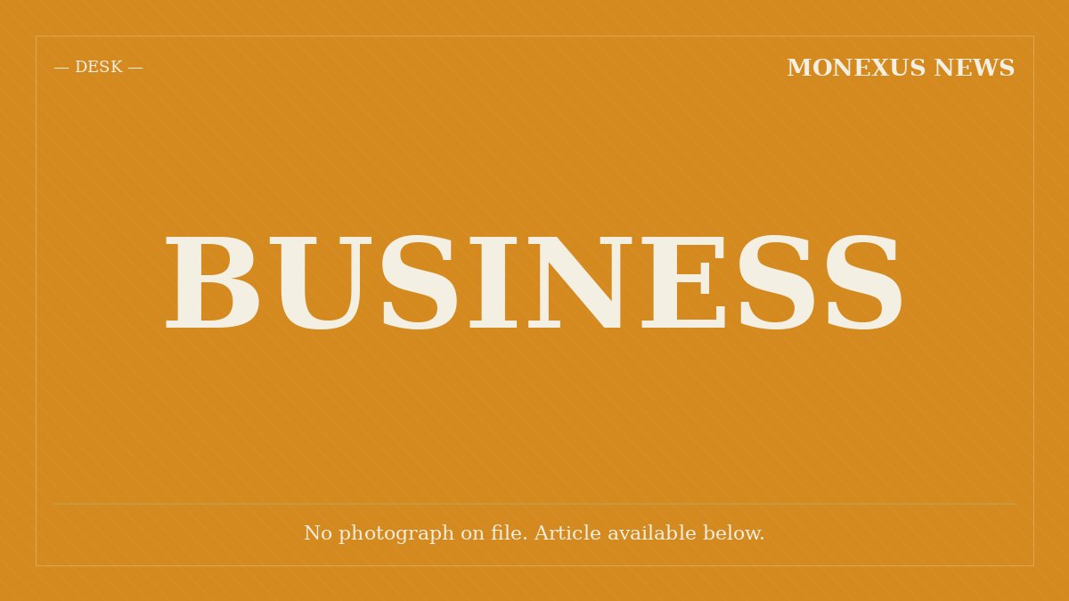 Orange graphic placeholder reading "BUSINESS" with "MONEXUS NEWS" and "—DESK—" labels, and text stating "No photograph on file. Article available below."