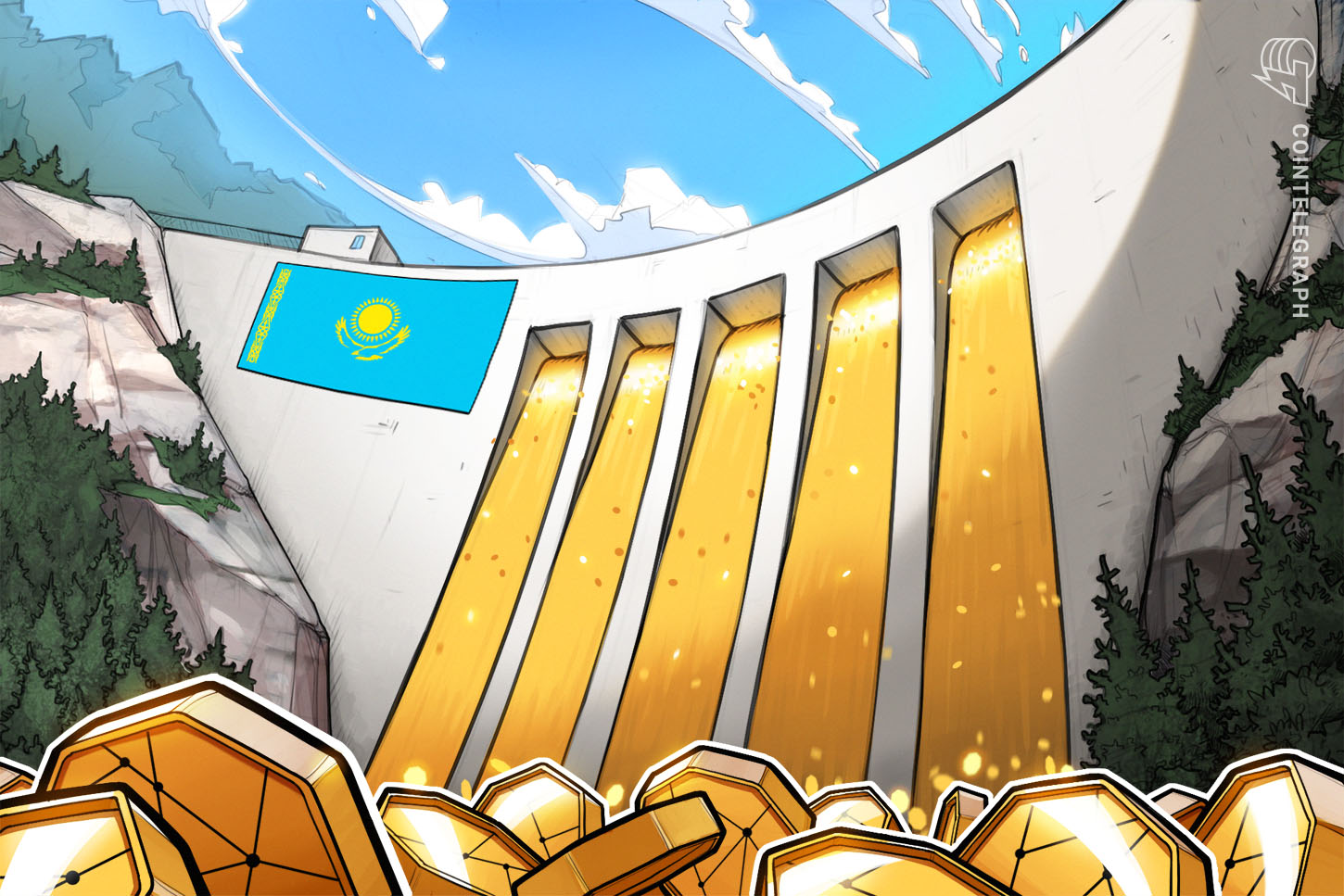 A composite of Kazakh landscape and cryptocurrency motifs, illustrating Astana's pivot toward a state-backed crypto reserve built on mining output.