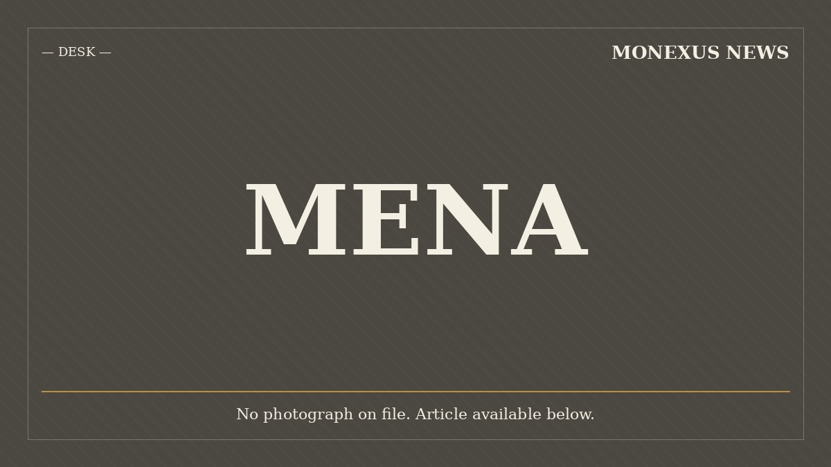 A placeholder graphic displays the word "MENA" in large white serif text on a dark background, with "MONEXUS NEWS" and "DESK" labels above and a note reading "No photograph on file."