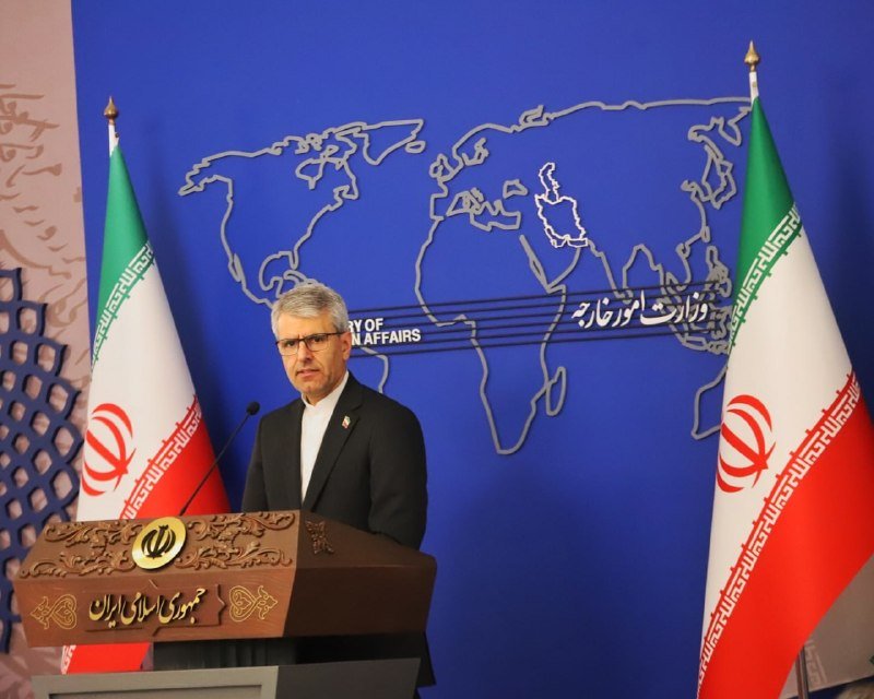 A bespectacled man in a dark suit stands at a wooden podium with a microphone, flanked by two Iranian flags against a blue world map backdrop.