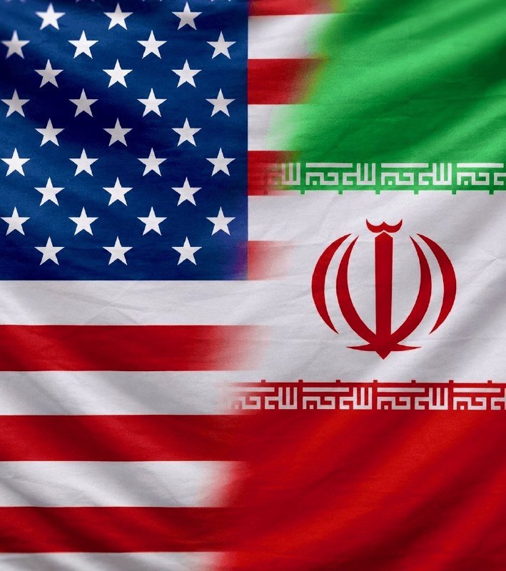 The American and Iranian flags are shown overlapping, blending in a graphic illustration.