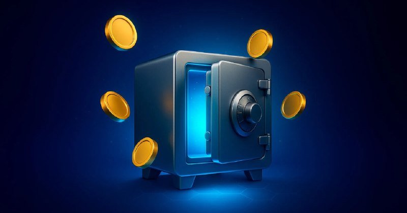 A 3D illustration shows a gray open safe with a combination dial against a dark blue background, surrounded by five floating gold coins.
