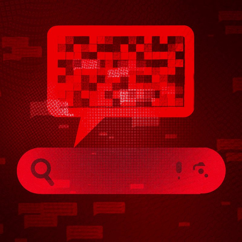 A digital illustration features a red speech bubble filled with pixelated blocks above a red search bar with a magnifying glass icon, set against a dark red background with dot-matrix patterns.