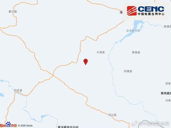 A map graphic from CENC (China Earthquake Networks Center) shows a red location pin near Xinghai County, surrounded by labeled regional borders and the Longyangxia Reservoir.